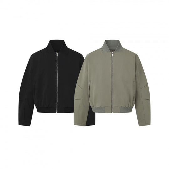 Unisex Kurz geschnittene minimalistische Bomberjacke mit geripptem Stehkragen und verdeckter Reißverschlussblende Shop Nory