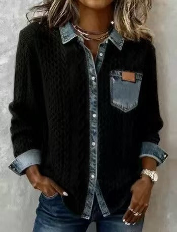 Damen nan geflochtener Strickpullover mit integriertem Jeanskragen und Brusttasche Shop Nory