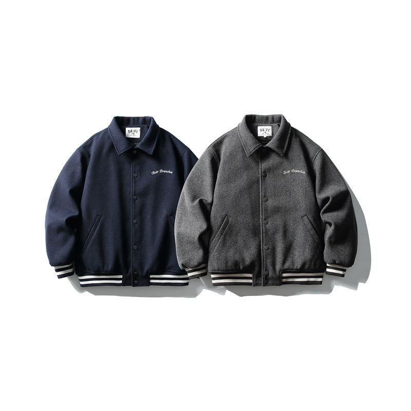 Herren Boxy College‑Blousonjacke aus Wollmix mit Druckknopfverschluss und gestreiften Rippbündchen Shop Nory
