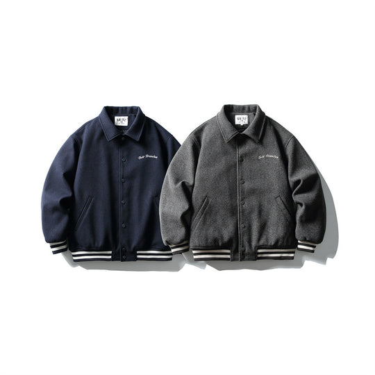 Herren Boxy College‑Blousonjacke aus Wollmix mit Druckknopfverschluss und gestreiften Rippbündchen Shop Nory