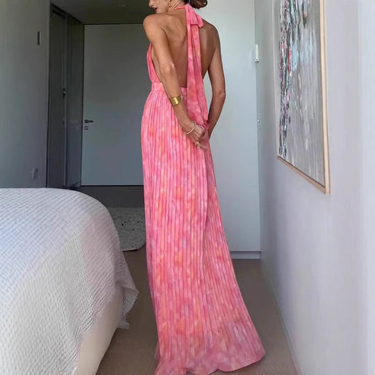 Damen Plissiertes Maxikleid mit tiefem Ausschnitt und elegantem Gürtel