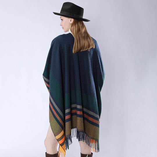 Damen Oversize‑Poncho‑Überwurf mit Tunnelzug, Karomuster und Fransensaum Shop Nory