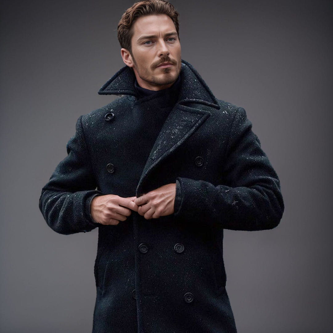 Herren Doppelreihiger Wollmantel mit hohem Stehkragen und taillierter Silhouette Shop Nory