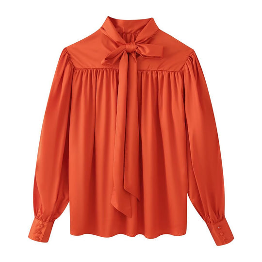 Damen Fließende Satin-Bluse mit geraffter Rückenpartie und Ballonärmeln Shop Nory