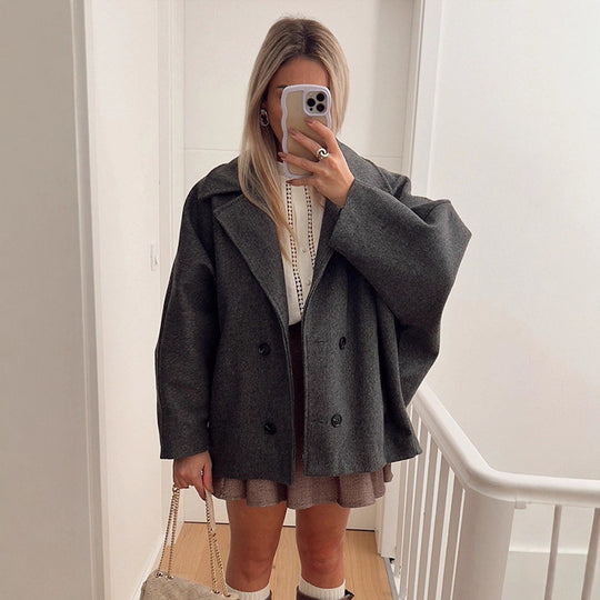 Damen Boxy-Wollmix-Cocoon-Jacke mit doppelreihiger Knopfleiste und weitem Revers Shop Nory