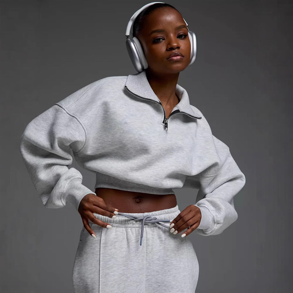 Damen kurzes Half-Zip Crop-Sweatshirt mit hoher Taille und weitem Sweatpants-Set Shop Nory