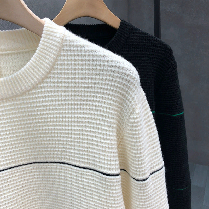 Unisex Strukturierter Waffelstrick-Pullover mit feinen Kontraststreifen Shop Nory