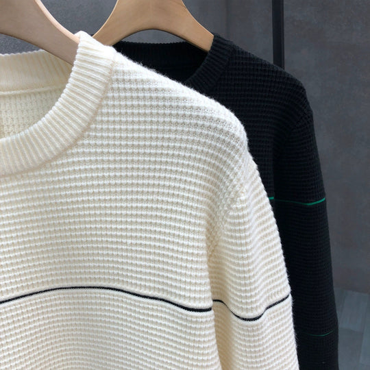 Unisex Strukturierter Waffelstrick-Pullover mit feinen Kontraststreifen Shop Nory