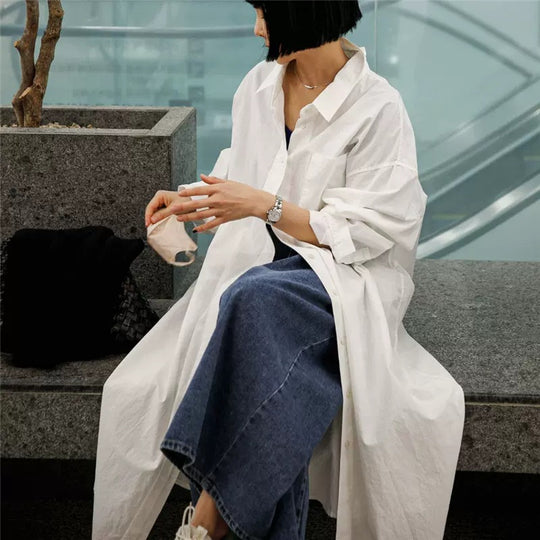 Damen Oversize-Hemdblusenkleid mit langem Saum und verdeckter Knopfleiste Shop Nory