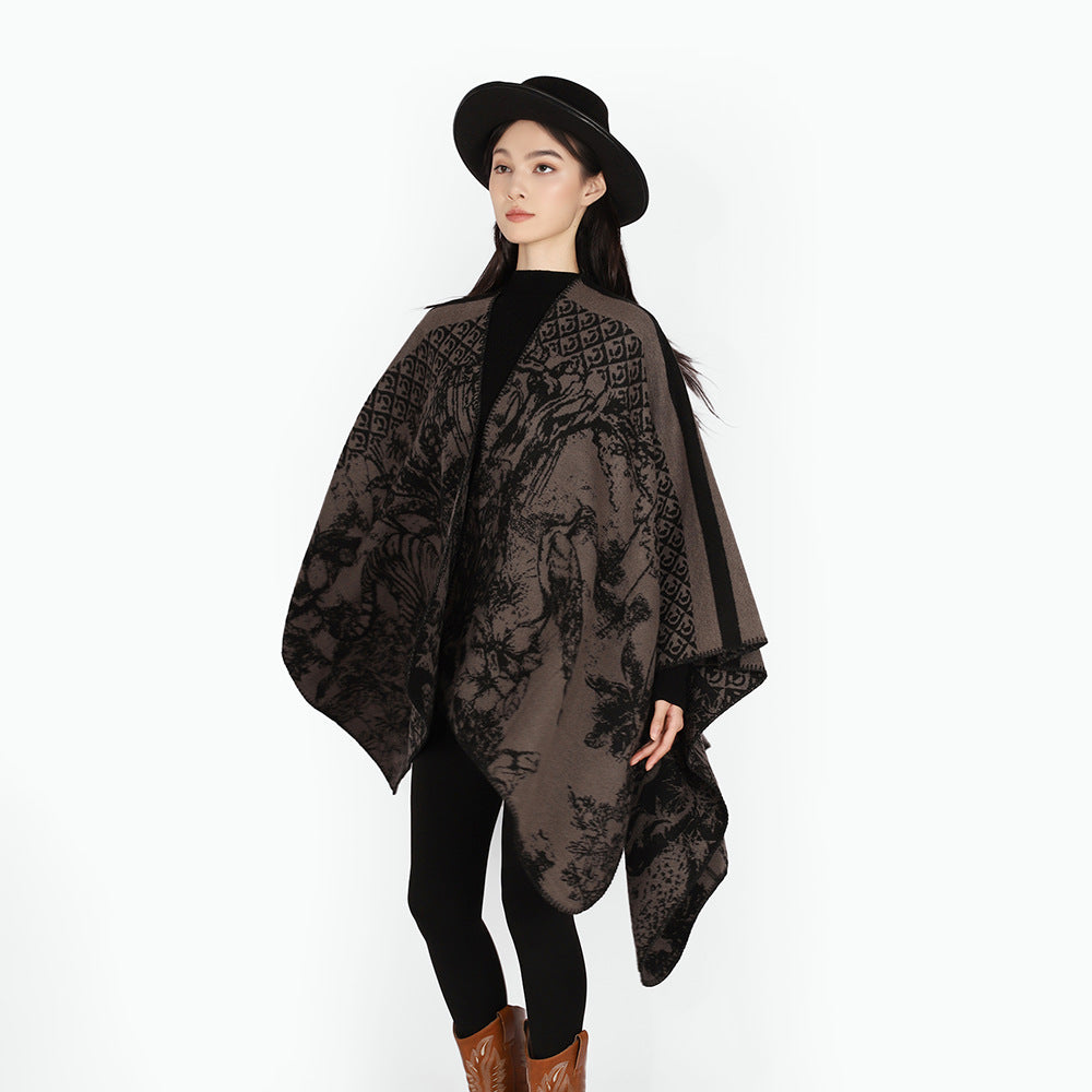 Damen Jacquard-Strickcape mit Stehkragen und grafischem Waldmotiv Shop Nory