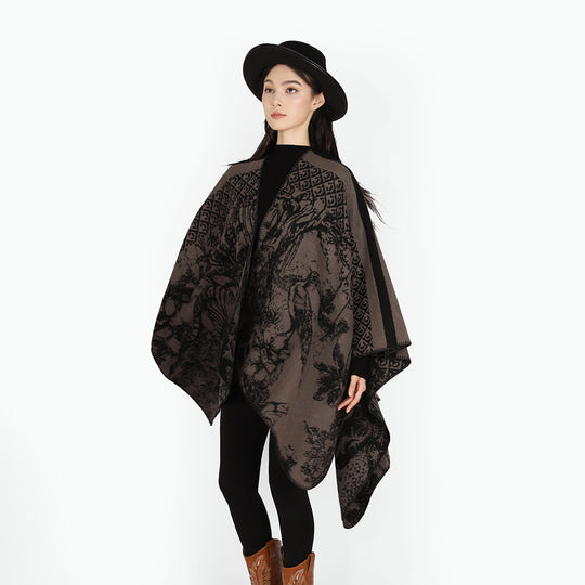 Damen Jacquard-Strickcape mit Stehkragen und grafischem Waldmotiv Shop Nory