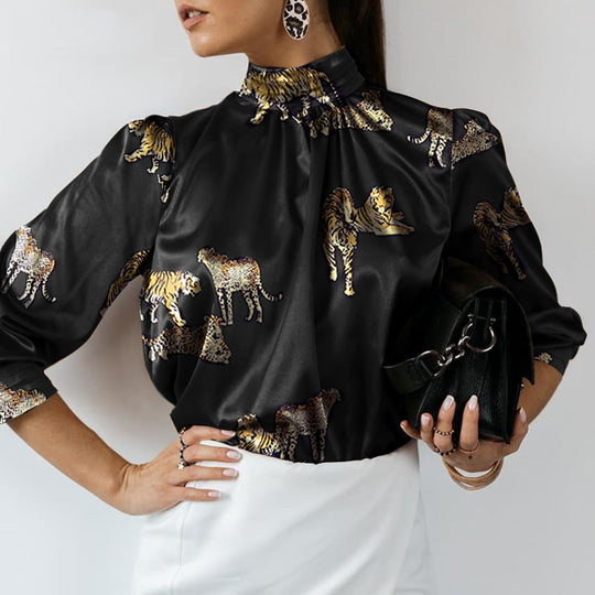 Damen Hochgeschlossenes Satinblusenshirt mit Stehkragen und Animal‑Print Shop Nory
