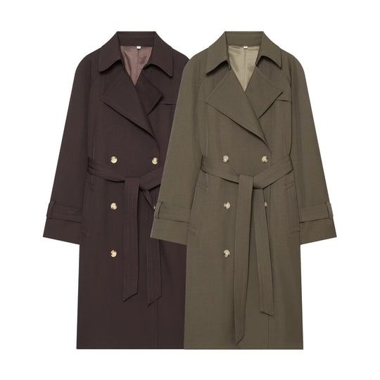 Damen Langer Doppelreihiger Trenchcoat mit Taillengürtel und Raglanärmeln Shop Nory
