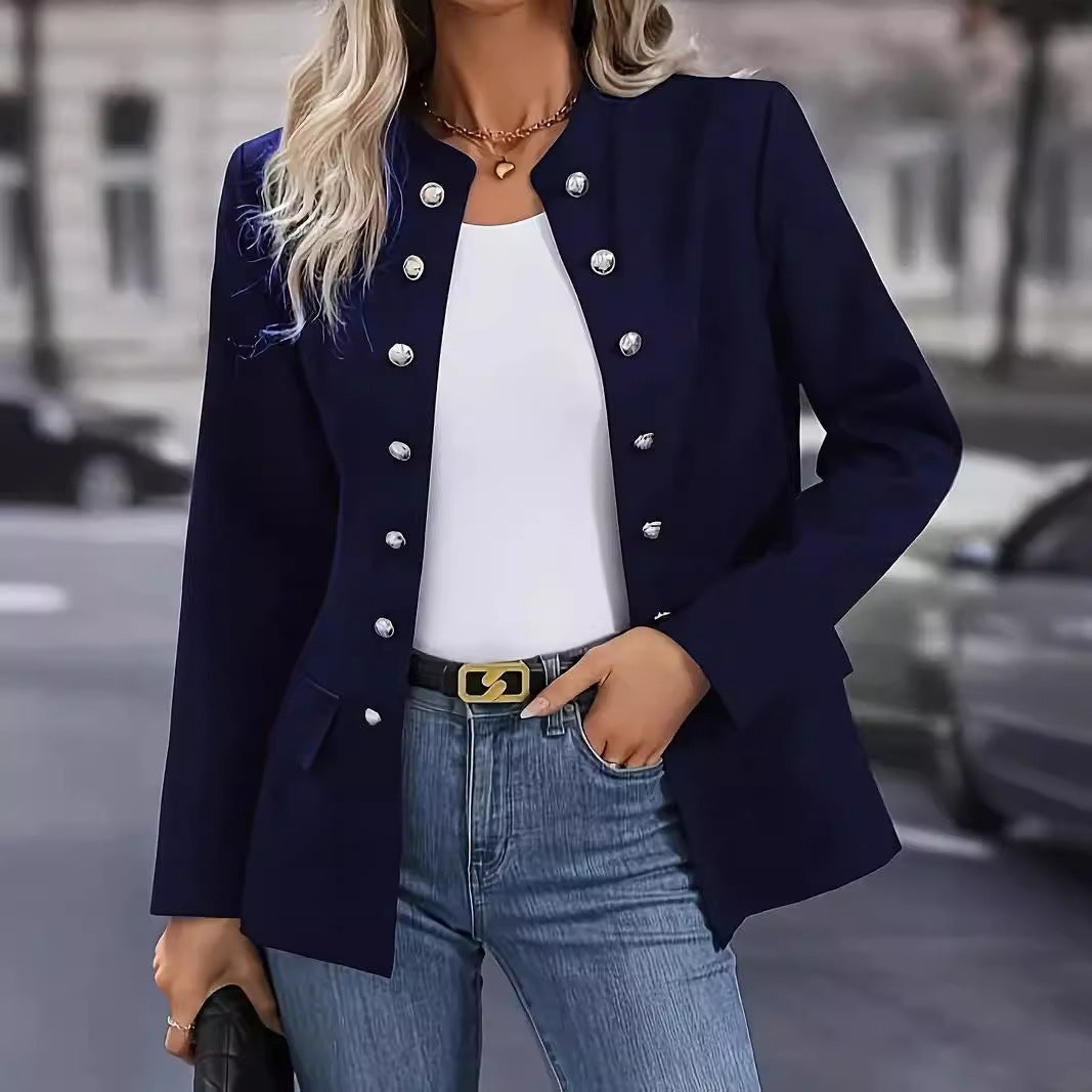 Damen nan taillierter Longblazer mit Stehkragen, dekorativer Metallknopfleiste und 3/4-Ärmeln Shop Nory