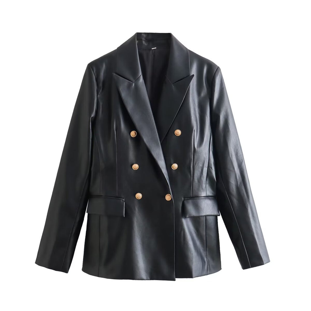 Damen Doppelreihiger Kunstleder-Blazer mit goldfarbenen Zierknöpfen und Pattentaschen Shop Nory