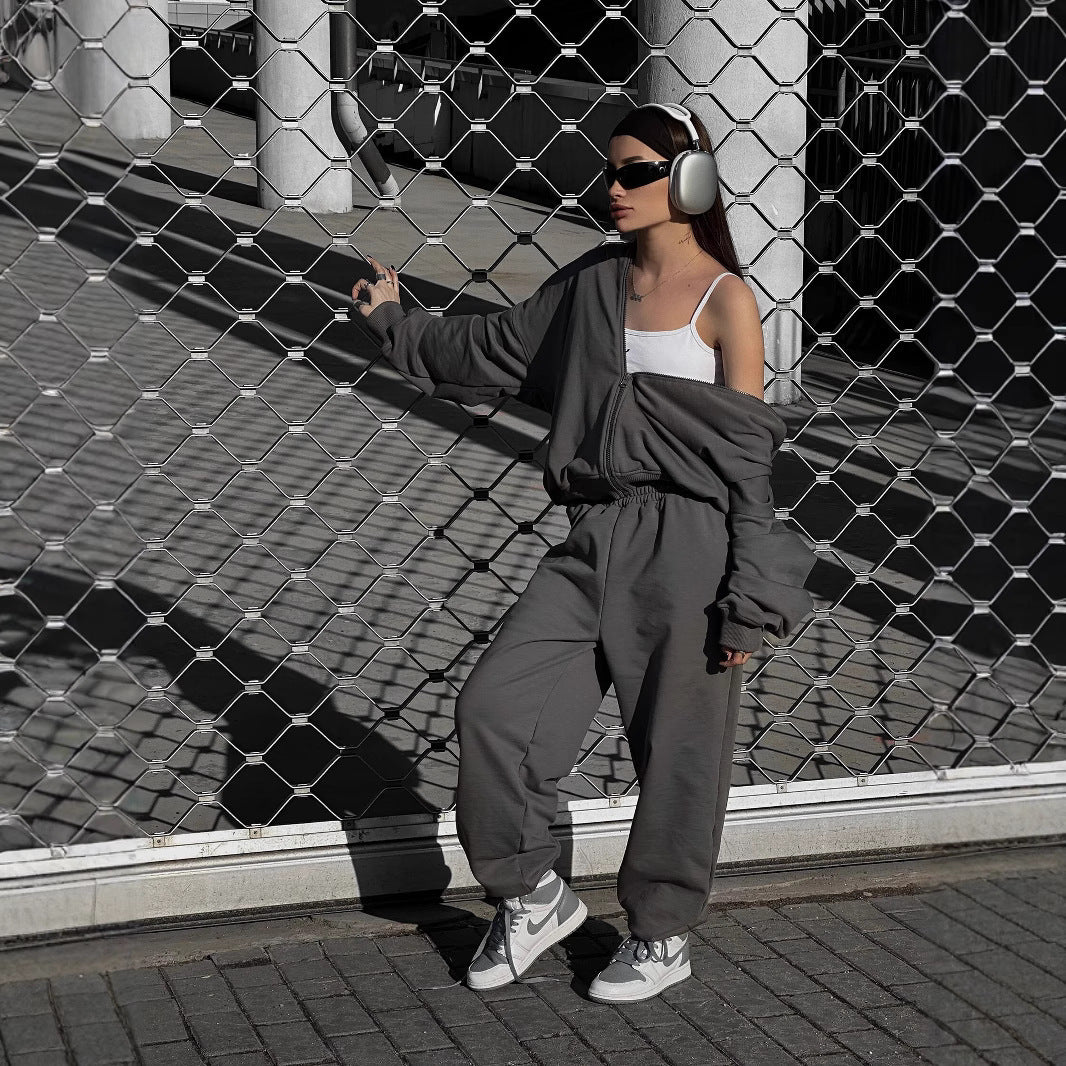 Damen Loose-Fit Freizeit-Set mit Zip-Kapuze und weitem Palazzo-Jogger Shop Nory