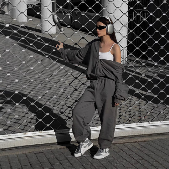 Damen Loose-Fit Freizeit-Set mit Zip-Kapuze und weitem Palazzo-Jogger Shop Nory
