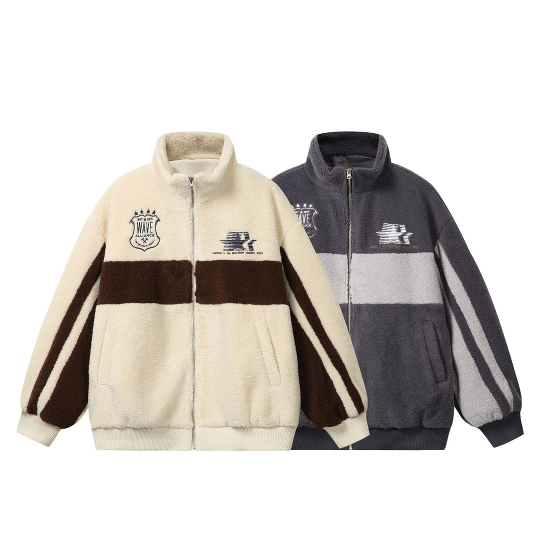 Unisex Sherpa‑Fleecejacke im Boxy‑Cut mit Stehkragen, Blockstreifen und Stickdetails Shop Nory