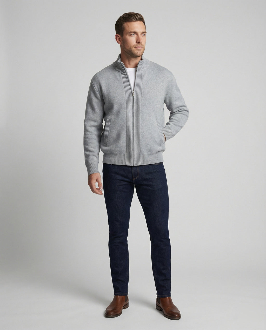 Herren Strickjacke Grau Lockerer Cardigan mit Reißverschluss für Herbst