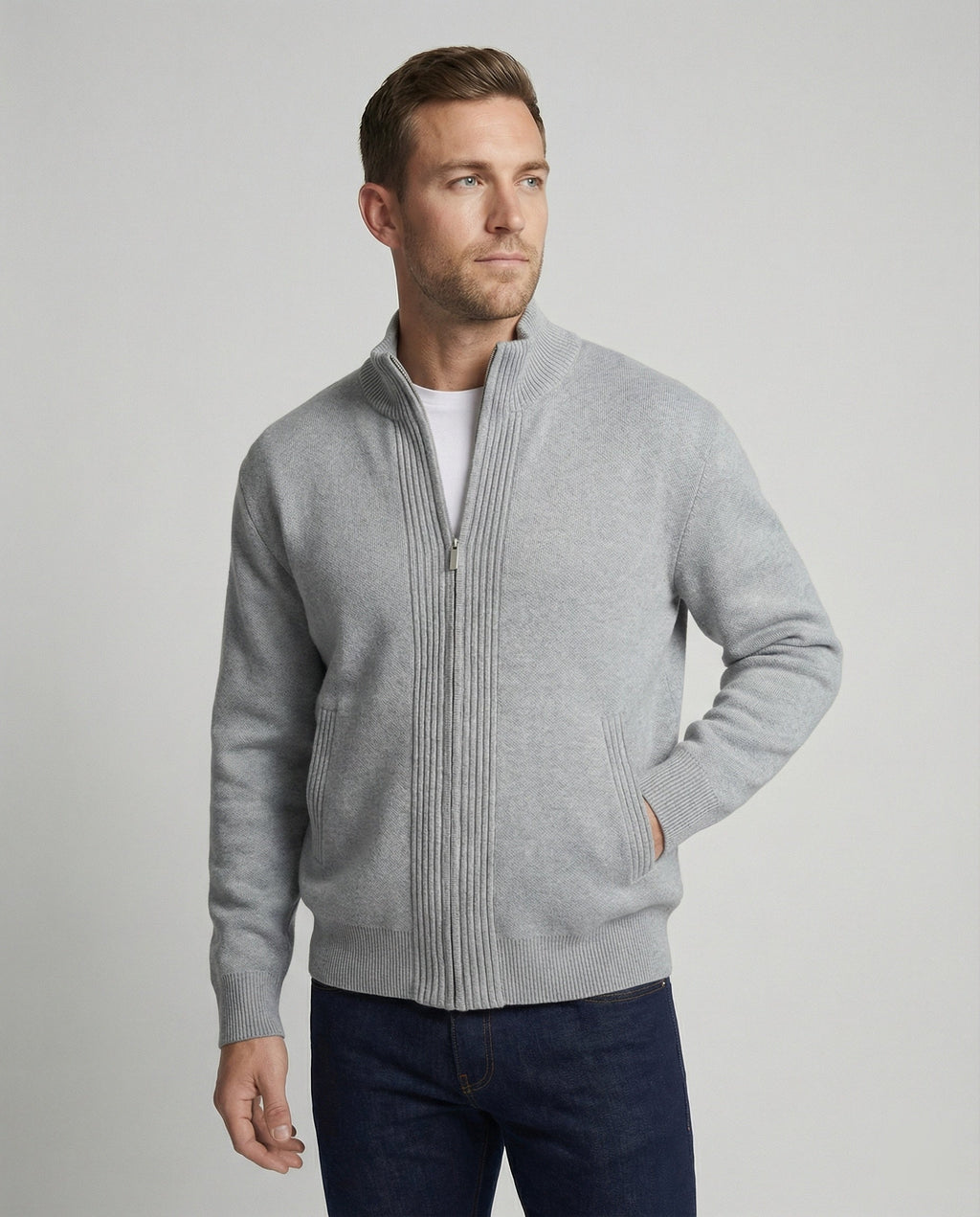Herren Strickjacke Grau Lockerer Cardigan mit Reißverschluss für Herbst