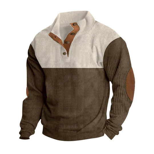 Herren Gerippter Halbkragen‑Henley‑Pullover mit Knopfleiste und Leder‑Ellbogenpatches Shop Nory