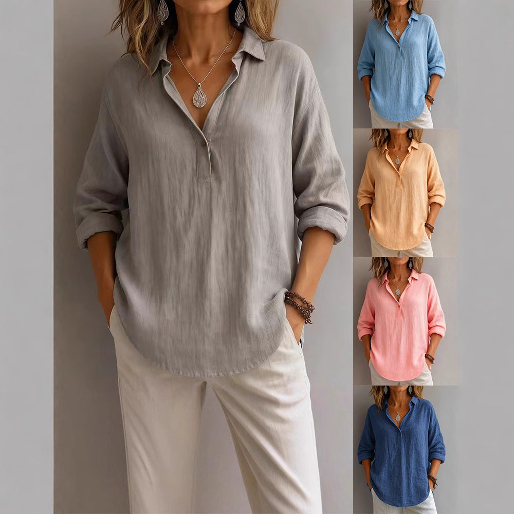 Damen lässige Bluse mit V-Ausschnitt und geknöpftem Kragen Shopnory