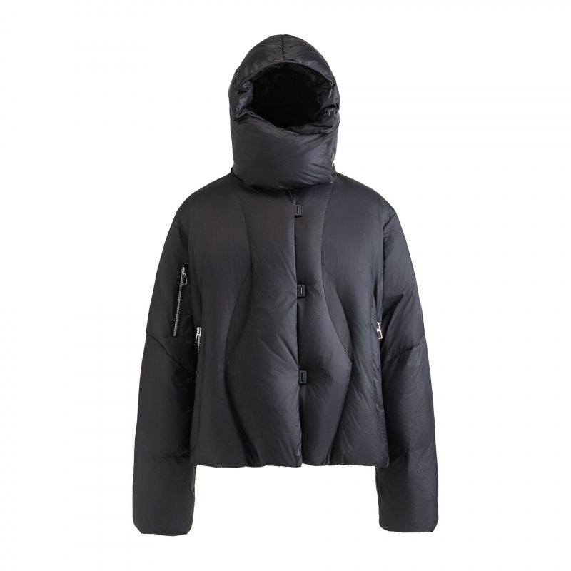 Unisex Kurz geschnittene Steppjacke mit hohem Kragen, Kapuze und Reißverschlüssen Shop Nory
