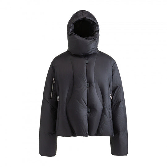 Unisex Kurz geschnittene Steppjacke mit hohem Kragen, Kapuze und Reißverschlüssen Shop Nory