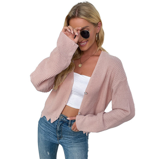 Damen Kurzgeschnittener Feinstrick-Cardigan mit V‑Ausschnitt und Wellensaum Shop Nory