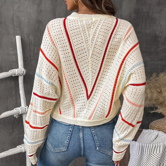Damen Oversize-Ajourstrickpullover mit V-Streifen-Design Shop Nory