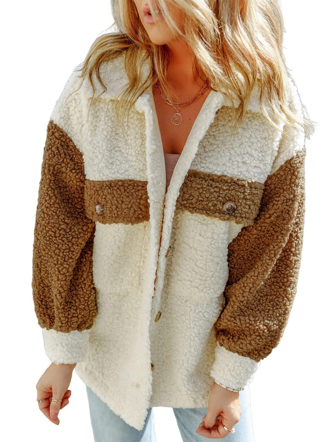 Damen nan oversized Teddy-Hemdjacke mit Kontraststreifen, aufgesetzten Brusttaschen und sichtbarer Knopfleiste Shop Nory