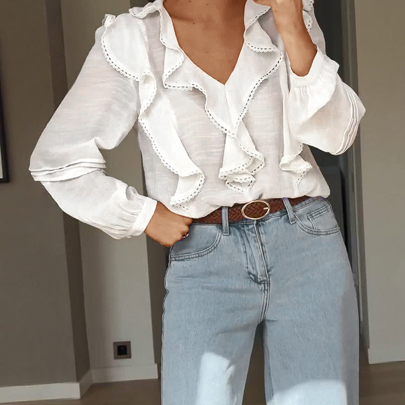 Damen Leichte V-Ausschnitt-Bluse mit Volantfront, Lochstickerei und Ballonärmeln Shop Nory