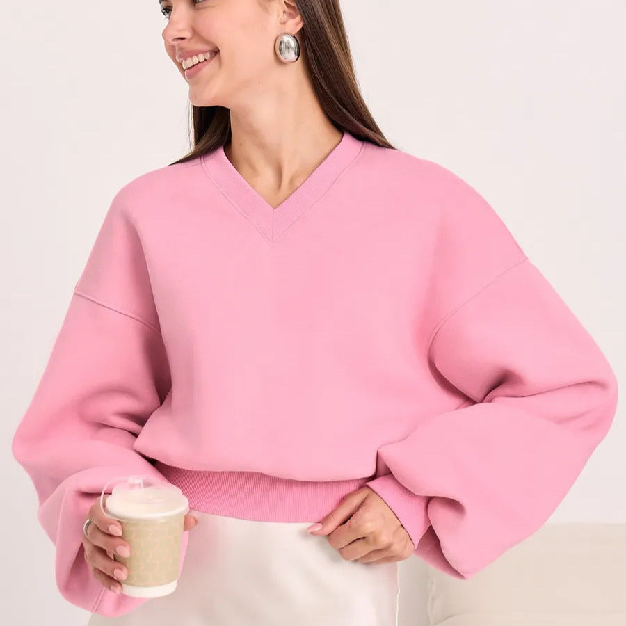 Damen Cropped V-Ausschnitt Pullover mit Ballonärmeln und Rippbund Shop Nory