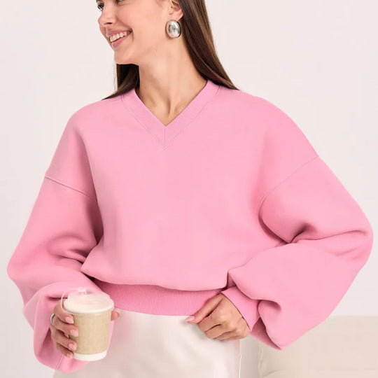 Damen Cropped V-Ausschnitt Pullover mit Ballonärmeln und Rippbund Shop Nory