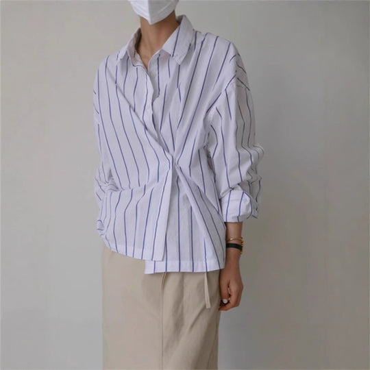 Damen Oversize-Kastenhemdbluse aus Leinen-Baumwollmix mit vertikaler Nadelstreifen-Optik und legerer Silhouette Shop Nory