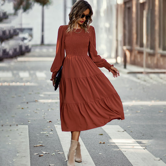 Damen nan gerafftes Midikleid mit Smok-Oberteil, ballonförmigen Ärmeln und stufigem Volantrock Shop Nory