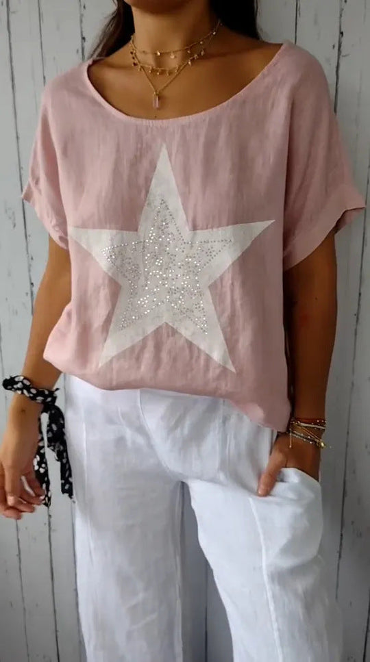 Damen lässiges Leinenoberteil mit glitzerndem Sternmotiv Shopnory