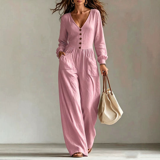 Damen Leinen-Einteiler mit V-Ausschnitt, Knopfleiste und weitem Beinschnitt Shop Nory