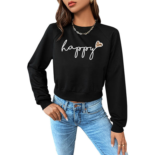 Damen Cropped-Sweatshirt mit Script-Print, Herz-Applikation und Raglanärmeln Shop Nory