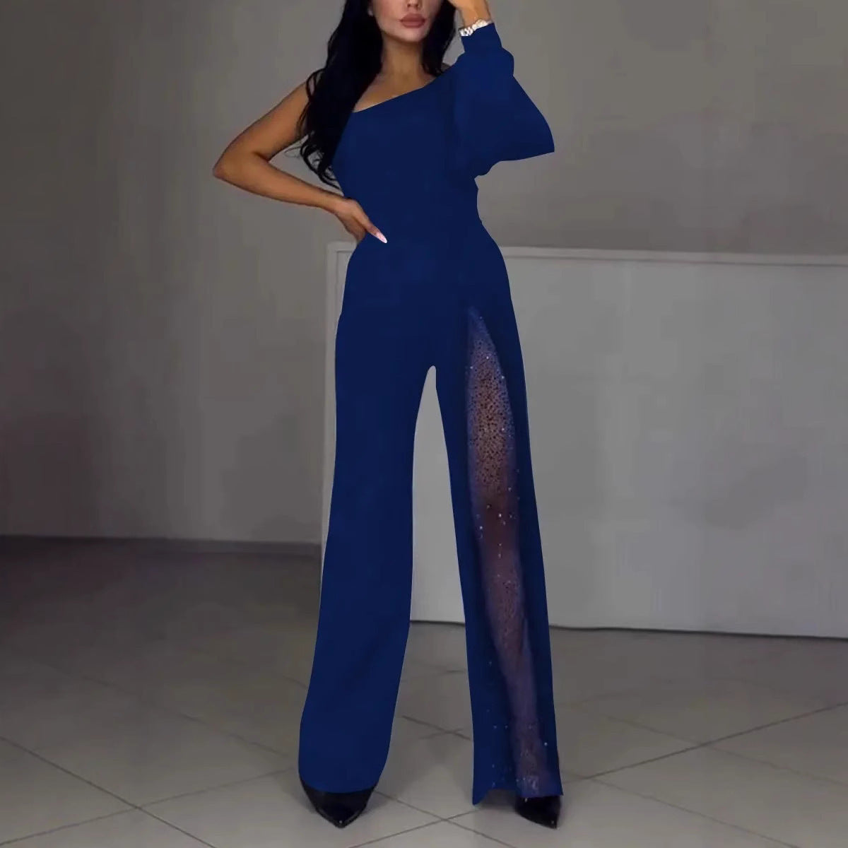 Damen Eleganter Jumpsuit mit transparenten Einsätzen und Pailletten