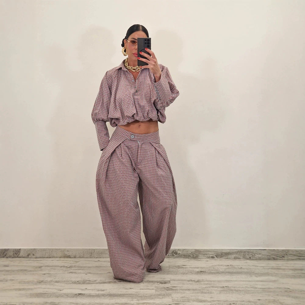 Damen Zweiteiliges kariertes Set mit Cropped Oversize-Hemd und weiter Bundfaltenhose Shop Nory