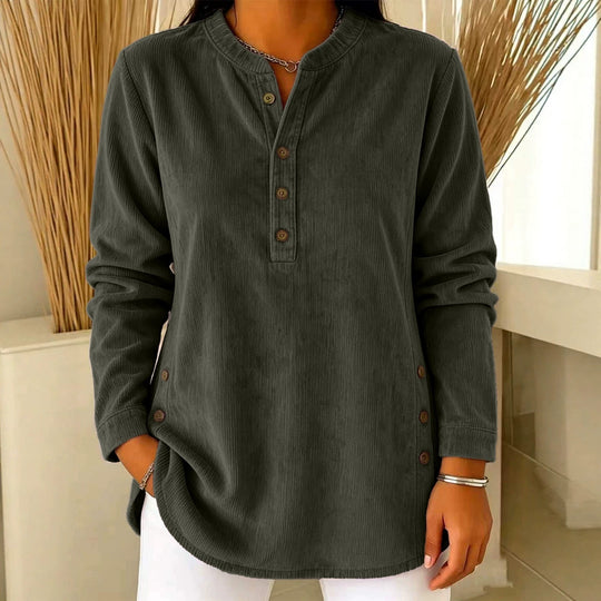 Damen Lässige Cordoptik‑Tunika mit Henley‑Kragen und Seitenknöpfen Shop Nory