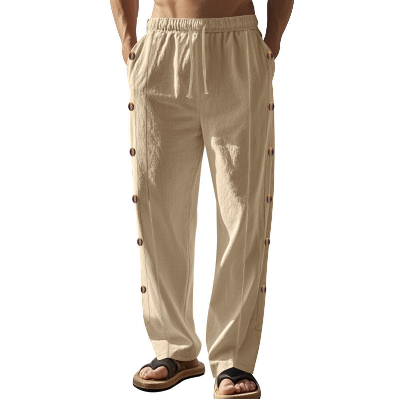 Herren nan entspannte Leinen-Relaxhose mit seitlicher Knopfleiste elastischem Bund und Eingrifftaschen