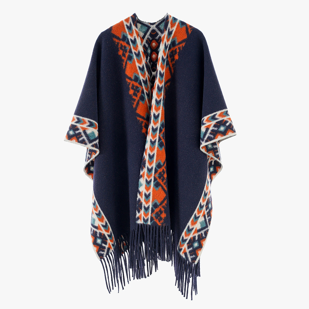Damen Poncho‑Überwurf mit Ethno-Jacquard und Fransensaum Shop Nory
