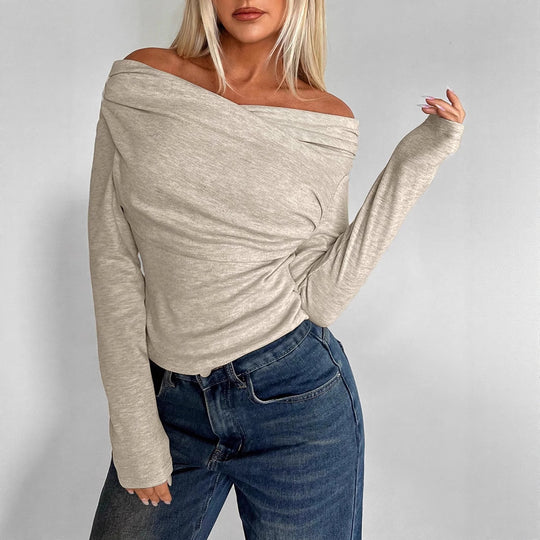 Damen Weiches Off-Shoulder Langarmshirt mit Wasserfallkragen und leichtem Stretch Shop Nory