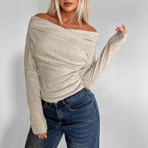 Damen Weiches Off-Shoulder Langarmshirt mit Wasserfallkragen und leichtem Stretch Shop Nory