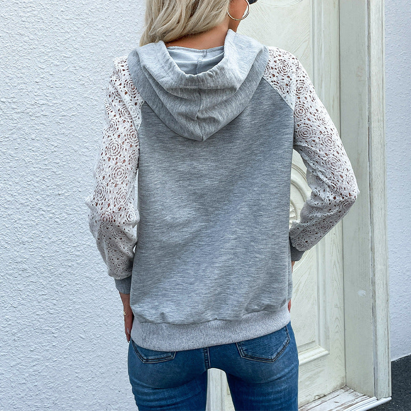 Damen Kapuzenpullover aus Sweat mit floralen Spitzeneinsätzen an Ärmeln und Kängurutasche Shop Nory
