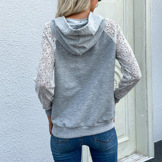 Damen Kapuzenpullover aus Sweat mit floralen Spitzeneinsätzen an Ärmeln und Kängurutasche Shop Nory