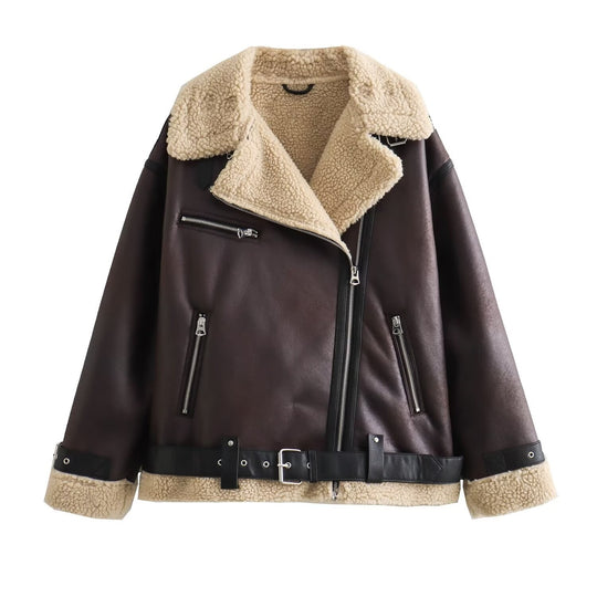 Damen Fliegerjacke im Bikerstil mit Teddyfutter, Kunstlederbesatz und Taillengürtel Shop Nory