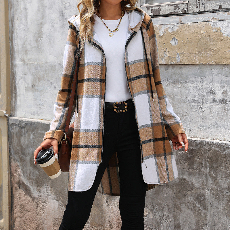 Damen Lange Kapuzen‑Strickjacke mit Karomuster, Reißverschluss & Eingrifftaschen Shop Nory